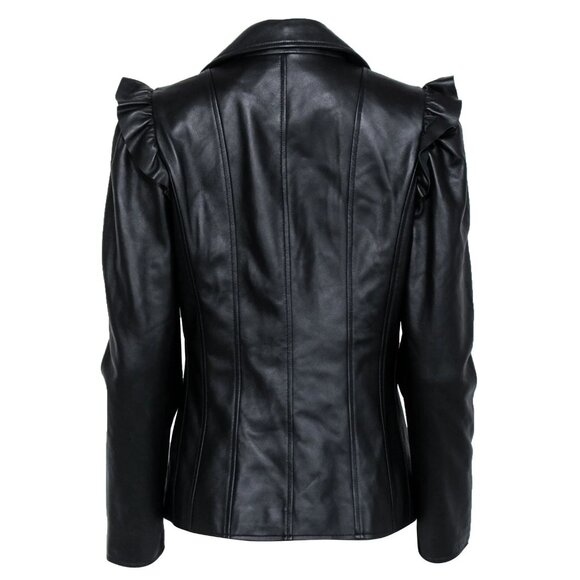 WHBM $500 Genuine Leather Motorcycle Moto Jacket Ruffled Shoulders M - Picture 5 of 12